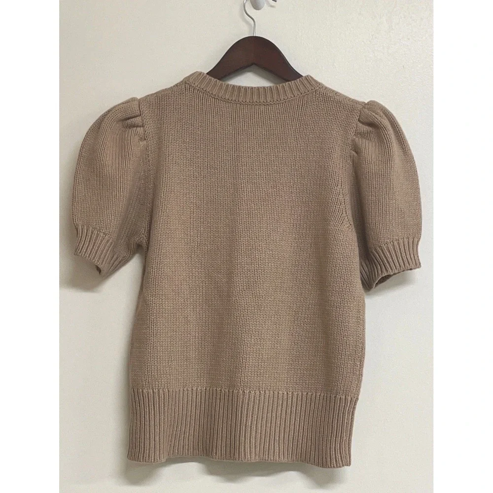 Kate Spade floral appliqué Beige short‎ sleeve Cashmere Wool Blend Sweater M NEW